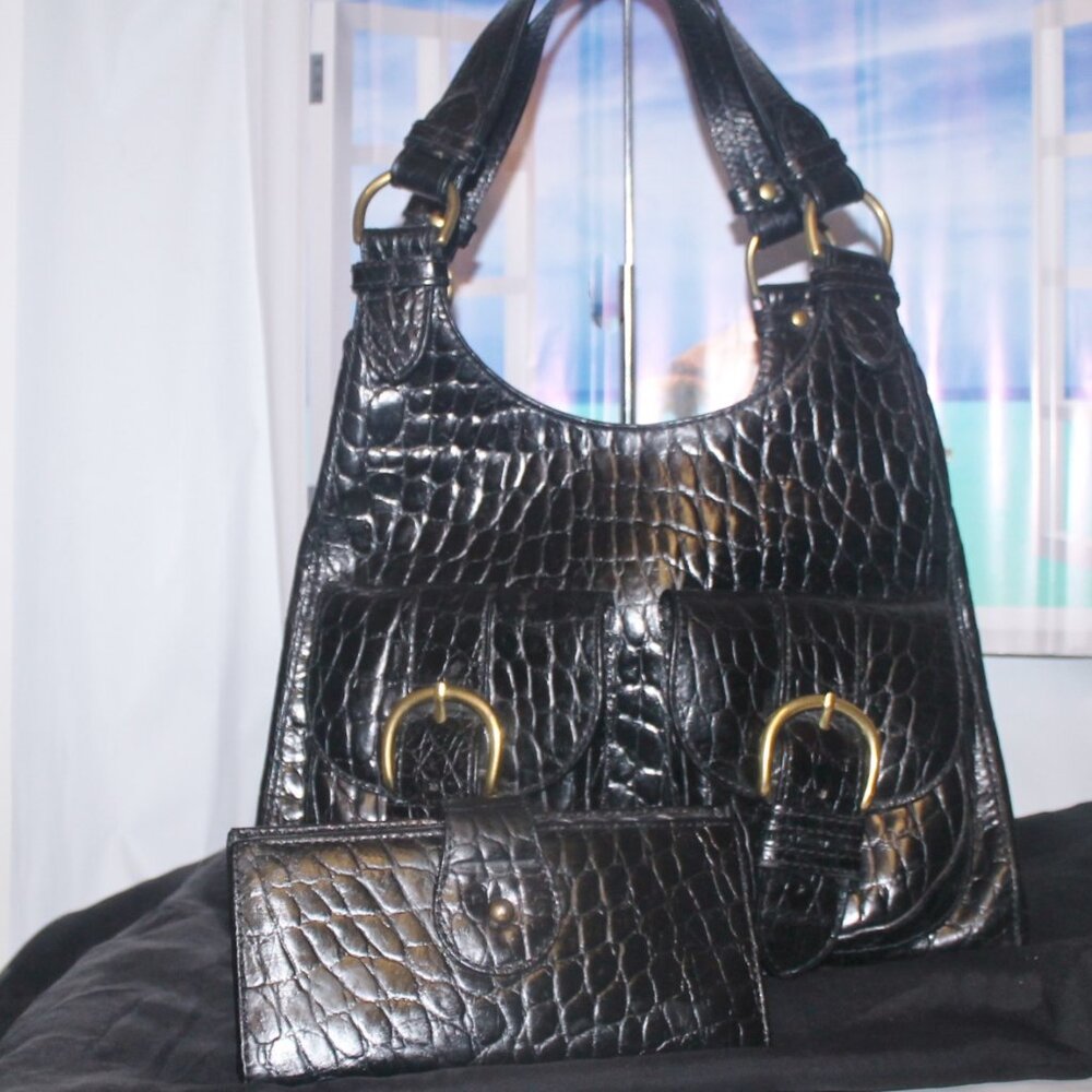 Banana Republic Croc Leather 3 Compartment Buckle Tote Shoulder Bag w Wallet